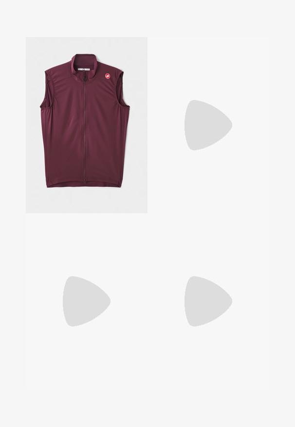 Gilet de cyclisme sans manches bordeaux avec un col haut, fermeture éclair et logo Castelli sur l'épaule. Fabriqué en matériau léger et extensible.; T-shirt Nike blanc à manches courtes, fabriqué en matériau synthétique lisse, avec un logo noir sur le côté gauche de la poitrine.; Shorts de sport blancs en tissu léger avec une taille élastique, dotés de deux poches latérales et d'un petit logo noir au bas.; Chaussure de sport blanche avec une tige en mesh texturé, semelle en caoutchouc noire et accent en teal sur le logo Nike. Équipée de lacets et d'un col rembourré.