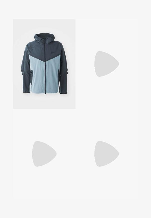 Windbreaker jacket featuring a hood, front zipper, dark blue and light blue color block design, and side zippered pockets.; Nike black cotton t-shirt with a classic crew neck, short sleeves, and a subtle, embossed logo on the chest. Smooth texture.; Black drawstring waist casual pants with side seam pockets and straight leg cut on a plain background.; Black Nike shoes feature a mesh upper with accent stripes, textured lacing, and a black rubber sole. Worn with black ribbed socks.