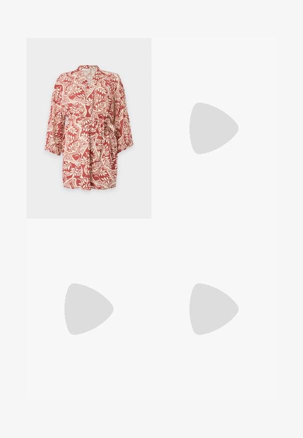 Red and cream patterned kimono with three-quarter sleeves, tie belt at the waist, and floral motifs throughout the fabric.; Floral blouse with long puff sleeves, light cream base, featuring purple, orange, and green floral patterns, and classic collar design.; Pleated maxi skirt in vibrant red, pink, and brown floral pattern. Elastic waistband and smooth texture enhance comfort and style.; White high-top canvas sneaker with black rubber sole, front rubber toe cap, and six eyelets for laces, featuring a clean, minimalist design.; Red leather handbag with an angular, geometric design. Features a single adjustable strap and a flap closure with stitched detailing.