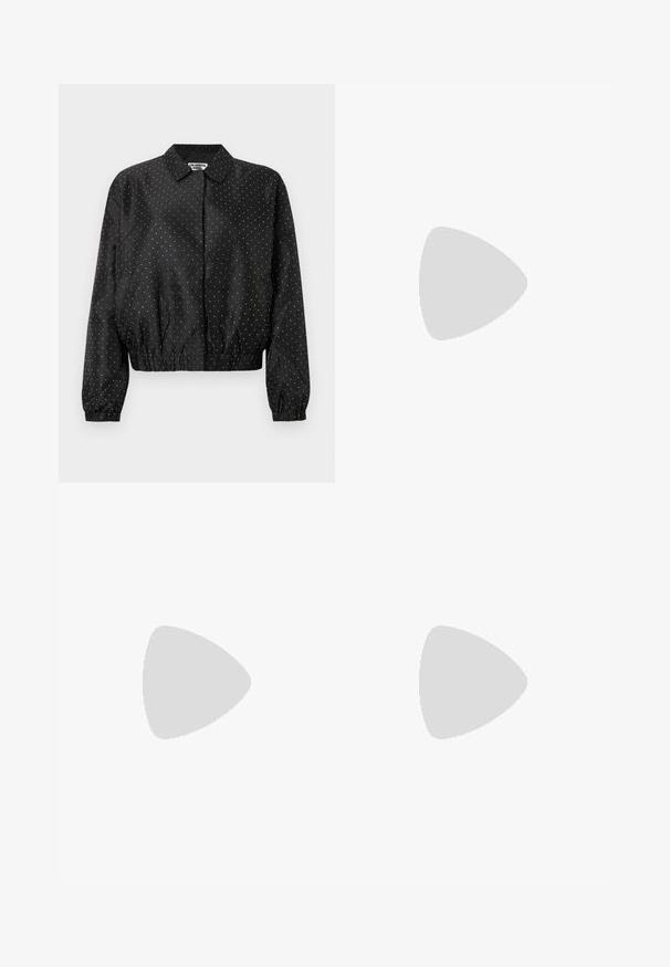 Black bomber jacket with white polka dot pattern, featuring a collar, elasticated hem, and gathered cuffs. Smooth fabric texture.; Navy blue plaid long-sleeve blouse with smocked bodice and gathered cuffs, featuring a small keyhole button closure at the back neckline.; Wide-leg trousers in dark gray fabric, featuring a high waist, single pleats, and a smooth texture with a clean finish at the hems.; Black leather slingback heels with a pointed toe, small kitten heel, and a decorative knot detail on the front. Smooth texture throughout.; Black faux leather handbag with a crocodile texture, cinched top, and a scrunched strap. Appears soft and compact in design.