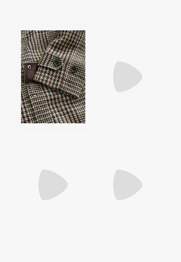 Wool jacket with a brown and cream houndstooth pattern. Features black buttons and contrasting brown fabric on the cuff and inner placket.; Black cotton t-shirt featuring a chest print that reads "HOUSE PLANTS" in white stylized font with "Levi's" below. Classic crew neckline.; Black trousers made of smooth fabric, featuring a straight-leg design, two front pleats, and standard waistband with belt loops.; Black leather loafers with a smooth finish, moccasin-style upper, stitched detailing, and a rubber sole. Classic design with a low heel.