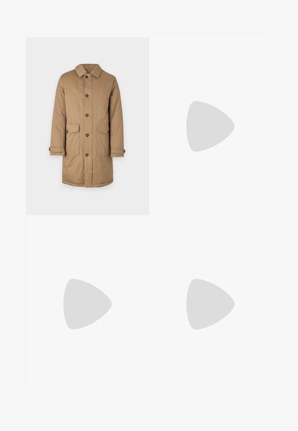 Brown coat made of sturdy fabric, featuring a collared neckline, front buttons, two side pockets, and buttoned cuffs.; White t-shirt made of cotton featuring short sleeves, a crew neck, and a small gray logo on the left chest area. Smooth texture.; Black trousers featuring a lightweight, textured fabric, straight-leg design, elastic waistband, and side zip pockets.; Black suede sneaker with a white rubber sole, featuring tonal stitching and lace-up design. Smooth texture with a modern, streamlined shape.
