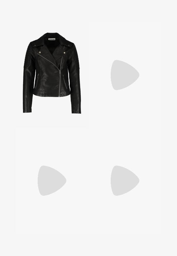 Black leather biker jacket with a fitted design, asymmetric zipper, textured shoulders, and two front zip pockets. Smooth finish.; Black ribbed tank top with scalloped lace trim at the hem. Features thin straps and a fitted design. Made from stretchable fabric.; Black, ruched pencil skirt with tie detail and a side slit. Made from a stretchy fabric, featuring a smooth texture and form-fitting design.; Black suede high-heeled pumps with a pointed toe, a rounded cutout on the vamp, and a wide block heel. Smooth texture and minimal detailing.