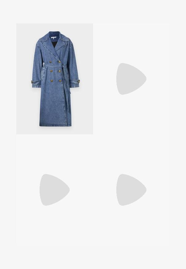Denimist trenchcoat, millelise krae, topelt nööpidega kuldne, vöökoht, laiad varrukad, helesinise pesuga ja nähtava õmblusega.; Valge lühikeste varrukatega T-särk ribatud kangast. Ümara kaelusega, tavalisest sobivusest ja peente õmbluse detailidega. Ilma mustrite või graafikateta.; Kootud valge midi seelik, millel on tekstuurine muster vertikaalsete joonte ja lõike-detailidega hemmi lähedal. Elastne vöökoht. Pehme materjal.; Musthave mustika tantsutossud mustast nahast, ümmarguse varbaga, siledast tekstuurist, minimaalse õmblusdetailiga ja paindliku tallakujundusega.; Pruunist nahast käekott, millel on klapiga sulgur, kuldne riistvara, õlarihm ja sile tekstuur. Kompaktne ristkülikukujuline vorm.