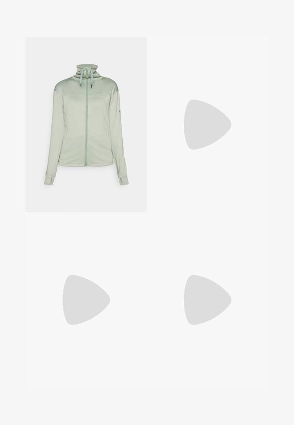 Svetlo zelena zip-up jakna iz teksturirane tkanine, z visokim ovratnikom, odprtinami za prste in vrvicami na kapuci.; Turkizna raztegljiva majica brez rokavov z zaobljenim izrezom in sivim poudarkom na hrbtni strani. Gladka tekstura, prilegajoča zasnova brez dodatnih vzorcev ali opreme.; Patagonia TERREBONNE JOGGERS - Hlače za na prostem - smolder blue; Bež in krem športni čevlji z teksturiranim mrežastim zgornjim delom, podpornimi prekrivali in gumijastim podplatom z vzorcem za oprijem.