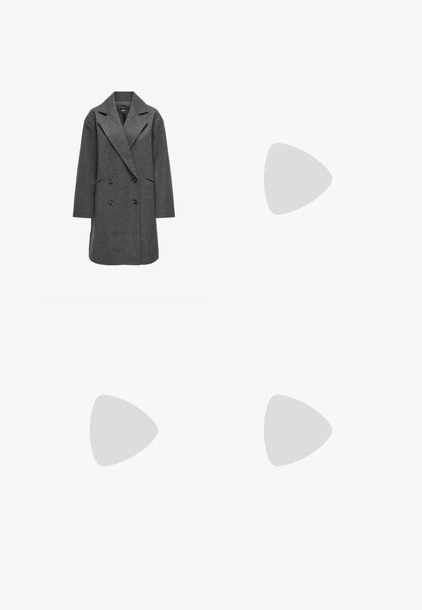 ONLY ONLBLAKE OVERSIZE COAT - Klassisk frakke - dark grey melange; Sort kortærmet top lavet af strækbart stof, med et tætsiddende design og samling detaljer på siderne. Glat tekstur, klassisk form.; Sorte bukser med lige pasform, der har frontlommer og slidser i kanten. Lavet af blødt, glat stof. Velegnet til forskellige anledninger.; Sorte patenterede hælsandaler med firkantet tå, ankelremme og sølvspænder. Har en chunky blokHæl for stabilitet.