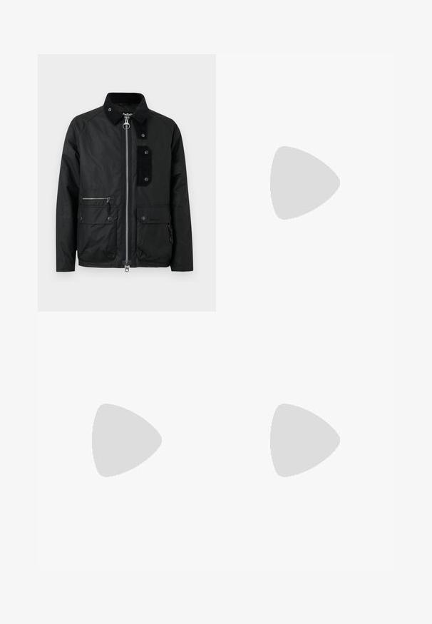 Black jacket with a zip front, snap buttons, corduroy accents, two front pockets, and a structured collar. Smooth texture, casual design.; Black short-sleeve T-shirt made from a smooth cotton blend, featuring a crew neckline and a minimalistic design with no patterns or accents.; Black cargo pants made of sturdy fabric, featuring a straight-leg cut, two side pockets, and a button closure at the waistband.; Black sneakers made of smooth leather with a low-top design, round toe, and flat rubber sole. Features laces and subtle branding.