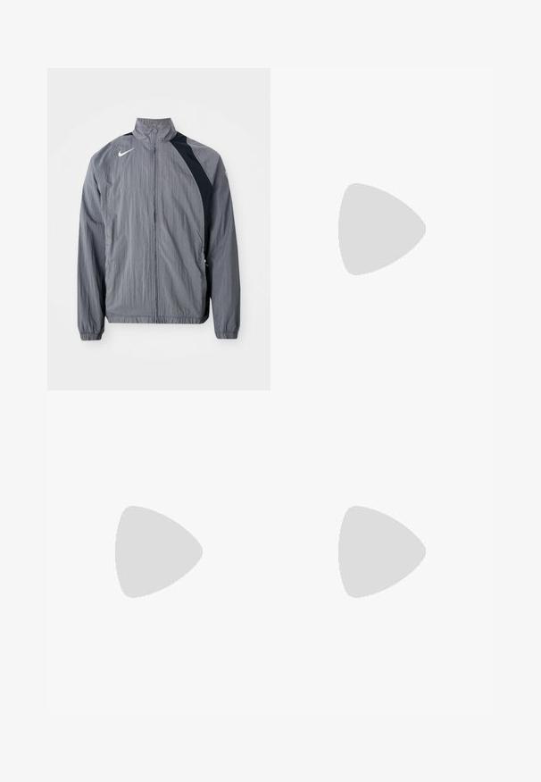 Gray lightweight jacket made of textured fabric, featuring a high collar, zip closure, and black accents on one side. Nike logo visible.; White cotton t-shirt featuring a large orange "NIKE" logo and green text that reads "SPORTSWEAR ENGINEERED" and additional specifications.; Black drawstring waist casual pants with side seam pockets and straight leg cut on a plain background.; Black athletic shoes with textured fabric and rubber soles, featuring elastic laces and a blue accent on the heel. Worn with light denim pants.