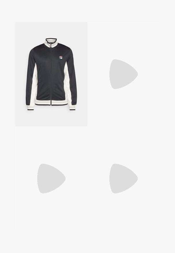 Fila JACKET BJÖRN - Jakna za treniranje - black/white alyssum; Crna kratka majica s kratkim rukavima za sport izrađena od glatkog, laganog materijala. Ima okrugli dekolte i diskretan logo na grudima.; Crne sportske hlače s glatkom teksturom, uskih krojeva, elastičnim pojasom i bočnim džepovima. Imaju mali logo na lijevom bedru.; Crne i sive atletske cipele s mrežastim gornjim dijelom, reflektirajućim detaljima i bijelim među-djelom. Imaju strukturiranu gumenu potplate i vezice.