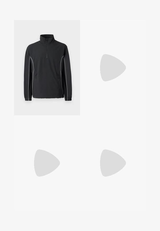 New Balance UTILITY JACKET - Let jakke / Sommerjakker - black; Sort kortærmet t-shirt med tekstureret stof og "LDN" trykt i hvidt over brystet. Rund halsudskæring, minimalistisk design.; Herre shorts i en lyslilla farve, lavet af letvægtsstof. Har en elastisk talje, sidelommer og et logo på kanten.; Sort og grå atletisk sko med en mesh-overdel, reflekterende detaljer og en hvid mellemsål. Har en tekstureret gummisål og snørebånd.