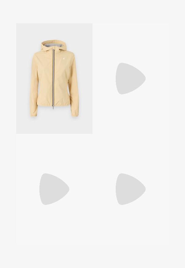 Light yellow windbreaker jacket with a hood, front zipper, elastic cuffs, and a logo accent on the chest. Smooth texture, casual design.; White cotton t-shirt with a relaxed fit, featuring a green embroidered logo on the left chest and a round neck. Smooth texture.; White sweatpants made of soft, knitted fabric. Elastic waistband and cuffs provide a relaxed fit. Minimalist design, no visible patterns or accents.; Black low-top sneakers made of smooth material, featuring thick laces, a textured sole, and a small logo on the side and tongue.