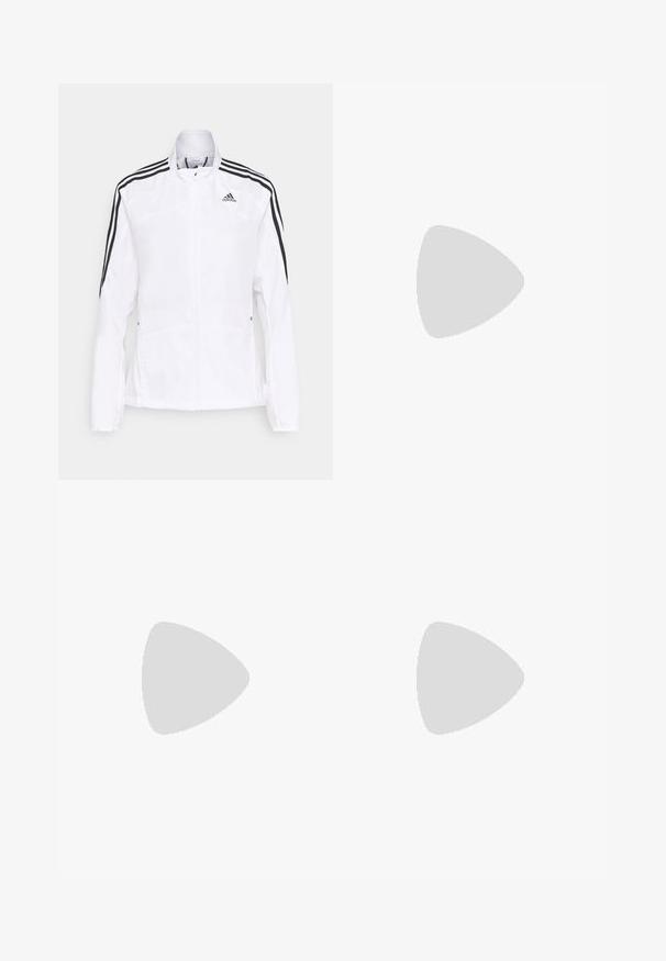 adidas Performance MARATHON  - Giacca da running - white; T-shirt in cotone nero con collo a giro e maniche corte. Logo bianco ben visibile sulla parte superiore sinistra. Tessuto liscio, vestibilità casual.; Pantaloni cargo in nylon nero con zip rimovibile, polsini regolabili, molteplici tasche e un logo sulla gamba destra. Tessuto liscio e leggero.; Scarpa atletica beige e crema con tomaia in mesh testurizzato, sovrapposizioni supportive e suola in gomma con un motivo a tasselli per la trazione.