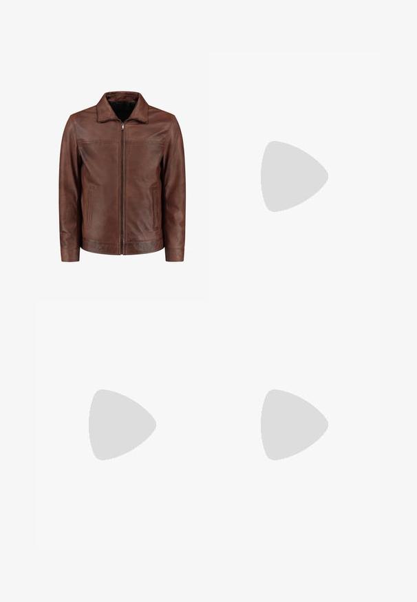 Brown leather jacket with a zip front, pointed collar, two side pockets, and subtle stitching details. Smooth texture and classic design.; White cotton T-shirt, crew neck, short sleeves, relaxed fit, smooth texture, no visible patterns or accents.; Beige, high-waisted trousers with a wide-leg design. Features two front pleats and a smooth texture. Standard length with a clean finish.; Brown leather Chelsea boot with elastic side panels, yellow stitching, grooved rubber sole, and pull tab at the back.