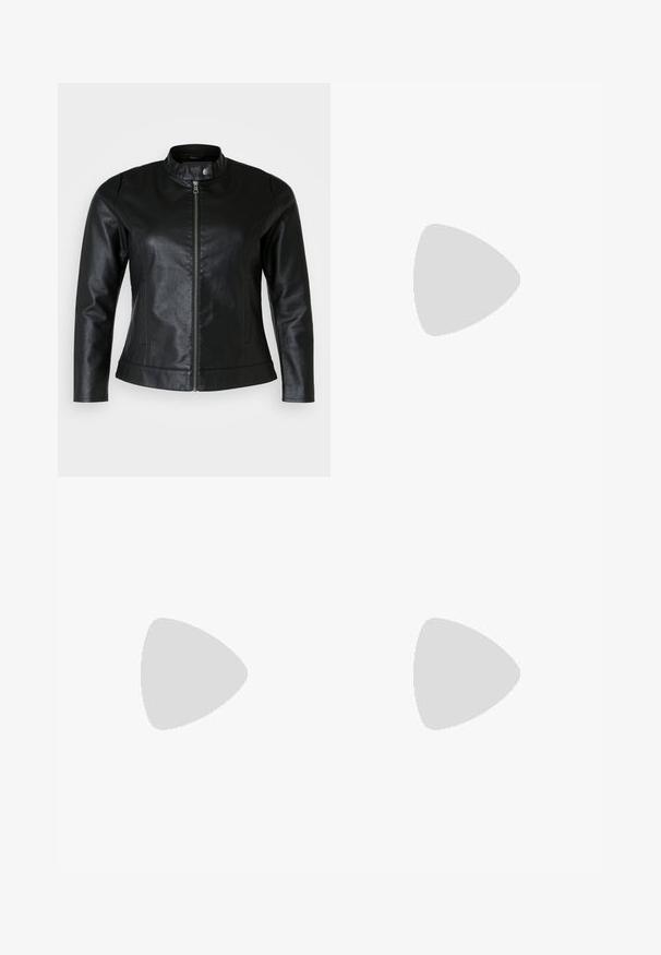 Black leather jacket with a round collar, front zipper closure, and two side pockets. Smooth texture with slight sheen and fitted design.; Three fitted T-shirts in white, gray, and black. Each features a wide scoop neckline and short sleeves. Made from smooth, stretchy fabric.; Black flared pants made of stretchy fabric, featuring a high waistband and a smooth texture. The pants flare out from the knee.; Black canvas high-top sneakers with white rubber soles and laces. Features a circular logo on the side and contrasting white stitching.