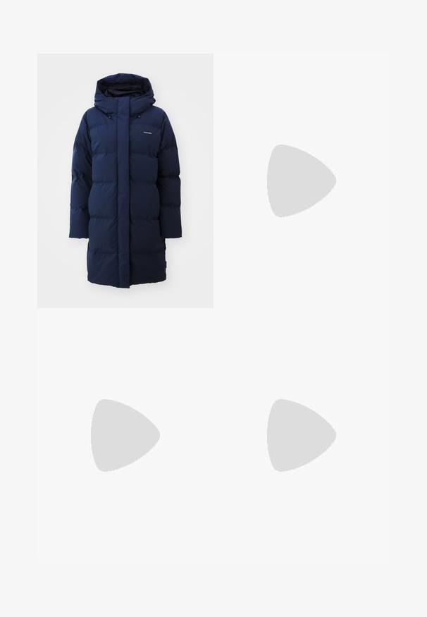 Navy blue puffer coat with a hood, featuring a straight cut, quilted design, and logo detail on the chest. Soft, insulated material.; Dark gray cropped sweater with a high neck, made of textured knit material and featuring short sleeves and a straight bottom hem.; Light gray, wide-leg trousers made of textured fabric, featuring two front pleats and two side pockets. Clean, tailored design.; Puffer jacket with a brown and black pattern, paired with a brown snake print mini skirt, black knee-high boots, and a small black bag.