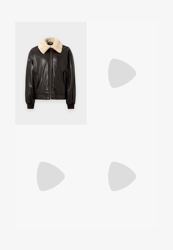 Veste bomber en cuir noir avec un col en shearling crème, fermeture éclair, poches latérales et poignets côtelés. Texture lisse et design classique.; T-shirt noir à manches courtes en coton doux, avec un col rond, une coupe décontractée et une texture lisse. Pas de motifs ni de graphiques visibles.; Pantalons larges beiges en tissu doux avec une taille élastique froncée et une fermeture à bouton à l'avant. Texture lisse avec des plis.; Baskets plates blanches avec accents noirs, en cuir texturé, à bout rond et lacets en tissu. Semelle lisse avec détail de marque.