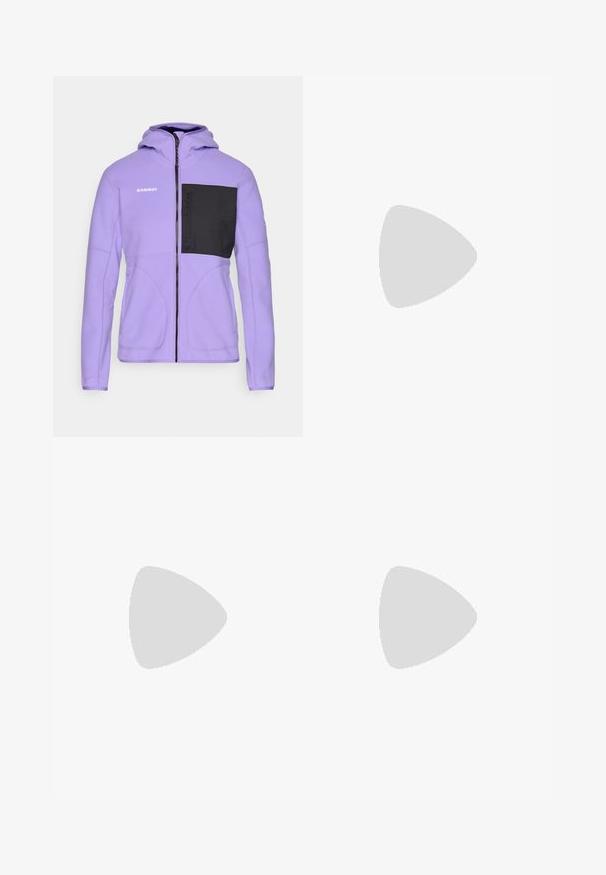 Violeta flīsa jaka ar melnu krūšu kabatu, pilnu rāvējslēdzēju un kapuci. Iedvesmotās šuves un zīmols kreisajā plecā.; Melnas garām piedurknēm T-krekls, izgatavots no kokvilnas ar apaļu kaklu. Tam ir mazs balts logo kreisajā krūtīs. Vienkāršs dizains un piegulums.; Melni nailona bikses ar noņemamām kājām, regulējamiem uzmavām, vairākām kabatām un logotipu uz labās kājas. Gluda, viegla tekstūra.; Beige un krēma sporta apavi ar strukturētu tīkla virsmu, atbalstošajiem slāņiem un gumijas zoli ar protektoru rakstu, kas nodrošina saķeri.