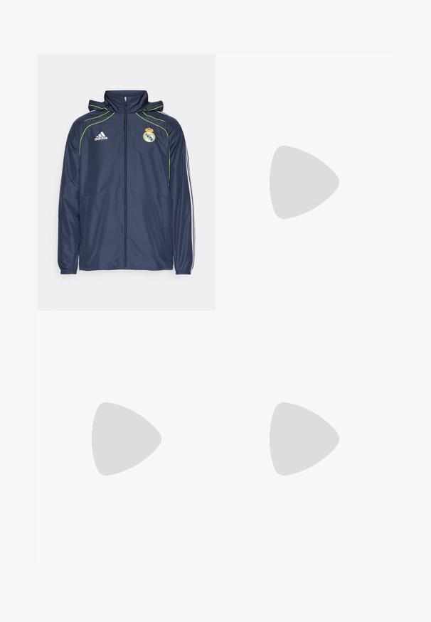 Mornarska jakna s kapuljačom, zelenim detaljima, zatvaračem sprijeda i bočnim džepovima. Sadrži Adidasov logo i emblem Real Madrida na prsima.; Temno plava kratka majica s kratkim rukavima za sport, izrađena od glatkog materijala, sa okruglim izrezom i bijelim logotipom na gornjem lijevom dijelu grudi.; Morske atletske hlače s glatkom, sjajnom teksturom, s bijelim bočnim trakama, elastičnim pojasom i suženim krojem nogavica.; Plava atletska cipela s bijelim detaljima, mrežastim gornjim dijelom i jastučićem u potplatu istaknutim neonsko zelenom prugom. Ima zakrivljen dizajn.