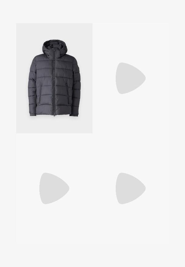 Puffer jacket in dark gray with a hood, featuring a quilted design, zippered front, and two side pockets. Soft, textured fabric.; White cotton t-shirt with short sleeves, featuring a blue embroidered "Hilfiger" logo on the left chest and a small logo accent on the sleeve.; Tommy Jeans DAD REGULAR - Relaxed fit jeans - denim light; Tommy Hilfiger BASKET CORE - Trainers - ecru/army green