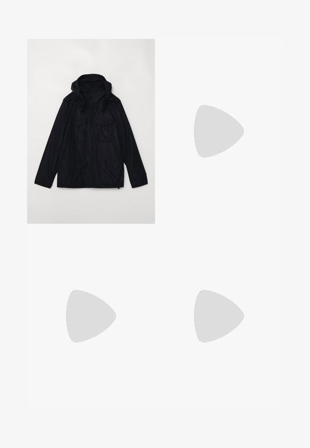 Dark navy waterproof jacket with a hood, two large front pockets, zip closure, and adjustable cuffs; features a smooth, shiny texture.; Black turtleneck sweater made of soft material, featuring long sleeves and a snug fit. Ribbed trim at the hem and cuffs. Simple design.; Black denim jeans with a straight-leg design, featuring a button closure, five pockets, and minimal stitching for a clean look.; White leather sneaker with a smooth surface, round toe, and minimalistic design. Features beige accents on the heel and a rubber sole.
