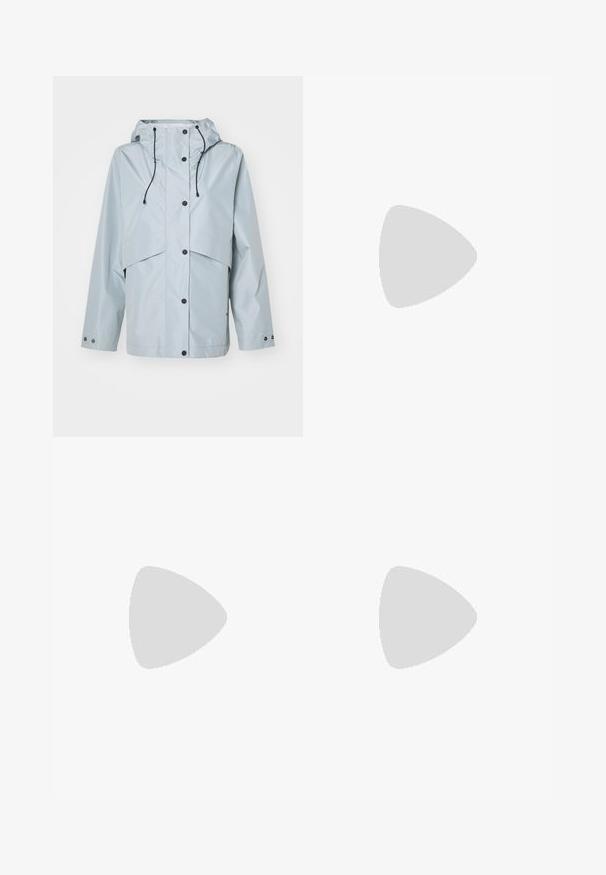 Light blue waterproof jacket with a hood, snap buttons, adjustable drawstring, and a relaxed fit. Features side pockets and cuff snaps.; White cropped T-shirt, short wide sleeves, soft cotton material, round neckline with subtle orange trim, minimal design, no patterns or graphics.; White cotton pants with a straight leg design, featuring a mid-rise waist and no visible hardware or patterns. Smooth texture throughout.; Black leather ankle boots with a block heel, featuring elastic side panels. Paired with black pants that have a white side stripe.