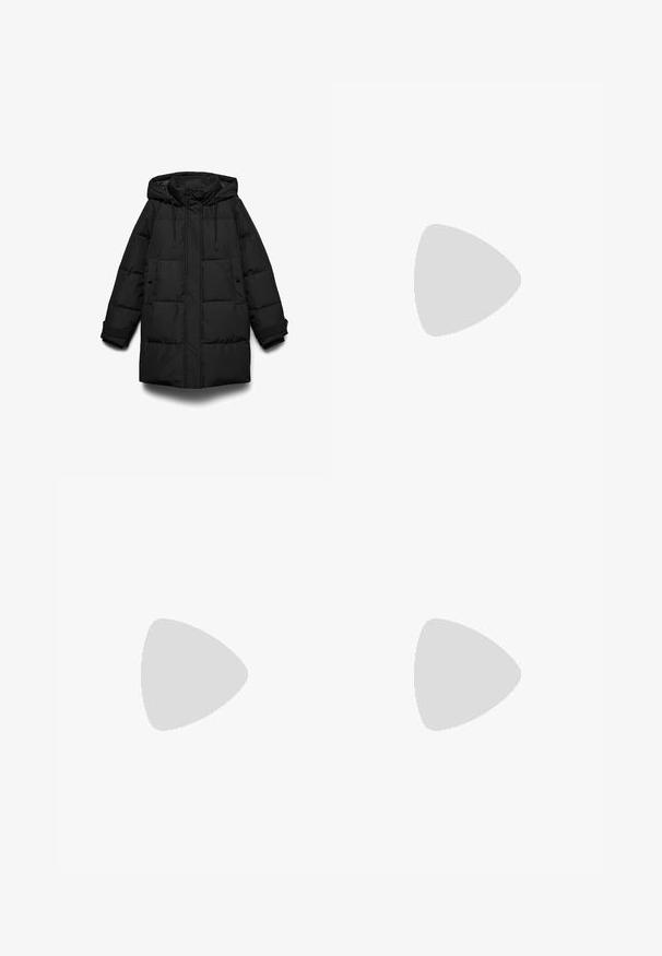 Black puffer coat with a hood, featuring quilted sections, a front zipper, two side pockets, and adjustable drawstrings.; Black bodycon dress with a square neckline, short sleeves, and ribbed texture. Two variations: light black and deeper black shades shown.; Silver high-heeled sandal with a shiny strap design, featuring a pearl-like accent and a spiraled ankle strap for secure fit.; Black leather handbag with a curved shape, detachable strap, and gold hardware. The bag features a flap with a buckle detail.