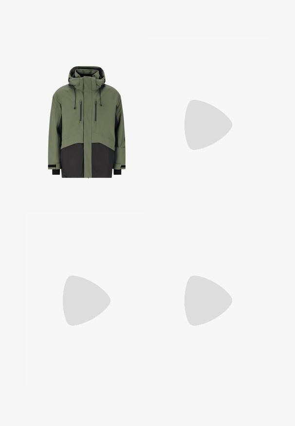 Miesten eristetty takki oliivinvihreänä mustilla yksityiskohdilla, jossa on korkea kaulus, säädettävä huppu ja kaksi vetoketjullista rintataskua.; Valkoinen pitkähihainen urheilupaita joustavasta kankaasta, jossa on pyöreä kaula-aukko ja musta Adidas-logo rinnassa.; Mustat cargo-housut, joissa on elastinen vyötärö, kaksi vetoketjullista taskua ja kevyt, sileä kangas.; Harmaa nahkainen korkeavartinen lenkkari, jossa musta kuminen varvassuoja, kuvioitu päällinen ja harmaat nauhat. Takana vetoluuppi.