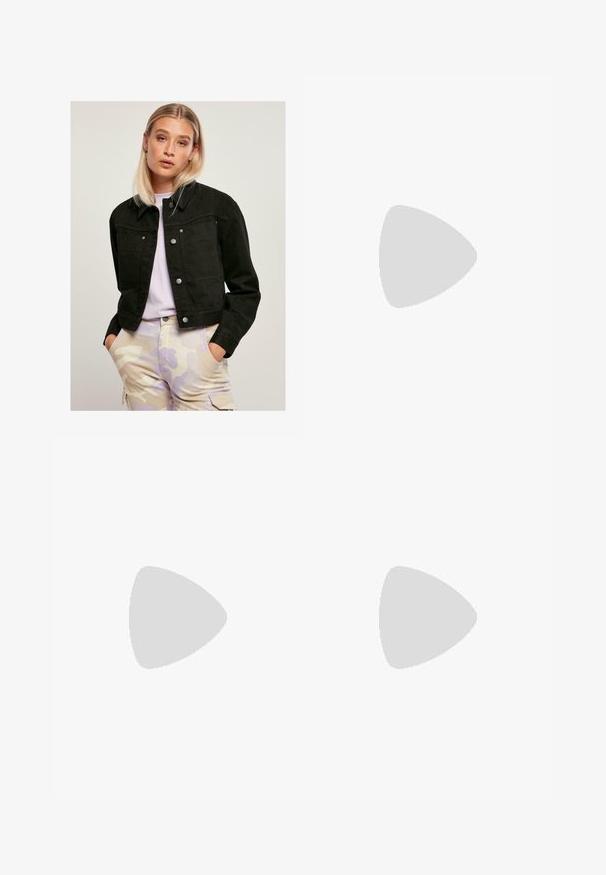 Juodas trumpas džinsinis švarkas su apšiltintu apykakle, dviem priekinėmis kišenėmis ir sidabriniais spaustukais, derinamas su šviesiais kamufliažo kelnėmis.; Juoda trumpa medvilninė palaidinė. Su trumpomis rankovėmis ir apvaliu iškirpimu. Lygus paviršius su paprastu dizainu, be papildomų raštų.; Juodos plačios kelnės, pagamintos iš lygaus, blizgaus audinio, su elastinga juosmens juosta ir be matomų kišenių ar aparatūros detalių.; Juodi drobės sportbačiai su baltais raišteliais, balta guma ant pirštų ir masyvi balta vidurine dalimi. Yra subtilių baltų siūlių ir guminis padas.