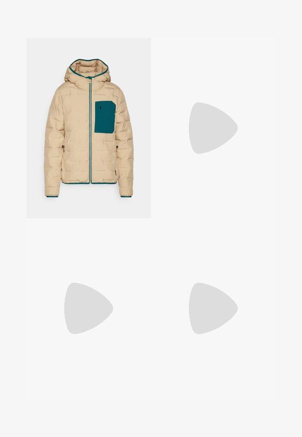 Padded jacket in beige with a teal hood lining and pocket. Features a full zip closure and elastic cuffs for warmth and comfort.; The North Face FLEX SHORT SLEEVES TEE - Sports T-shirt - black; Black waterproof pants made from lightweight fabric, featuring an elastic waistband, side pockets, and a logo on the left leg.; Black hiking shoe with a textured upper, lace closure, and a chunky rubber sole featuring a prominent logo on the side and tread patterns.