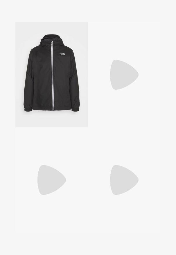The North Face M QUEST INSULATED JACKET - Žieminė striukė - black; Juoda medvilninė marškinė su trumpomis rankovėmis, apvaliu iškirpimu ir maža balta logo kairėje krūtinės pusėje. Paprastas dizainas, lygi tekstūra ir laisvas pritaikymas.; Juodos sportinės kelnės, pagamintos iš lengvos medžiagos, su raišteliu liemens srityje, šoniniais kišenėmis ir siaurėjantys apykaklės prie kulkšnies.; Juodas lauko sportinis batelis su zomšiniu viršumi, tekstūruota guma padais ir tvirtas raištelių sistema. Yra sustiprinta kulno dalis ir prekės ženklo logotipas šone.
