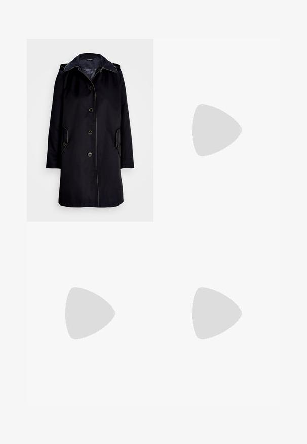 Lauren Ralph Lauren FAUX-LEATHER-TRIM HOODED COAT - Parkas - dark navy; Svart ribbad linne med rundad halsringning, figursydd form och sömlösa kanter. Tyget är mjukt och elastiskt. Etiketten säger "LAUREN."; Beiga byxor med vida ben och knäppning, med en slät textur och pressade veck. Resår i nederkant för extra detalj.; Lauren Ralph Lauren JANSON II CANVAS SNEAKER - Sneakers - optic white