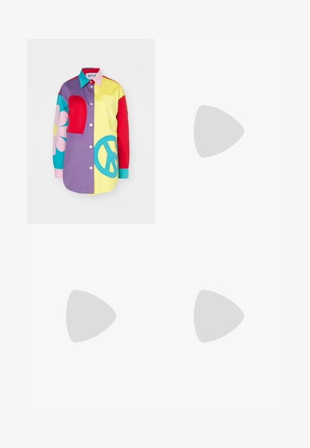 Multicolored button-up shirt featuring large peace sign and flower designs, with sections in red, blue, yellow, purple, and pink.; Light beige sweater made of a soft knit, featuring a round neckline, long sleeves, and a black embroidered logo with the text "Moschino Jeans."; Beige sweatpants with elastic cuffs and waistband. Features a black printed logo "MOSCHINO 86 ❤ 23 JEANS" on the left thigh. Soft texture.; Black leather ballet flat with a rounded toe, smooth texture, minimal stitching detail, and a flexible sole design.