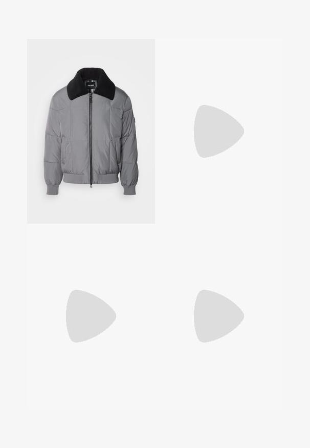 Gray puffer jacket with a black, textured collar. Features a front zipper, ribbed cuffs, and side pockets. Quilted design throughout.; Two short-sleeve shirts: one solid black, one white with black vertical stripes. Both feature button closures and a classic collar.; Light grey denim pants with a straight-leg design, five-pocket styling, and a button closure. Visible stitching along the seams.; Black leather loafers with a rounded toe, featuring a stitched design, low platform sole, and a textured, lugged rubber outsole.