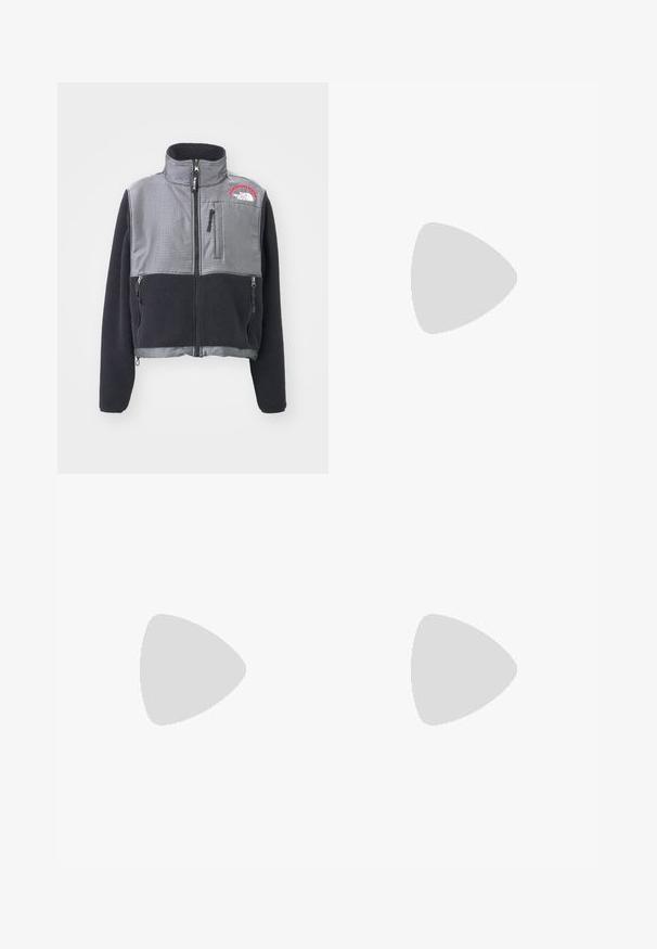 The North Face W RETRO DENALI JACKET - Fliisjakk - black/moonstone grey; Must mustapikkade varrukatega sportlik särk, mis on valmistatud kerge kangaga. Omab ümmargust kaelust, tekstuurset mustrit ja valget logo vasakus ülanurgas.; Valged lume püksid, millel on peen disain, kahe esipocketiga, tugevdatud mustade alumiste paneelidega ja nupuga sulgemine vöökohtades.; Heledbeez jooksukingi, millel on hallid ja lavendlililla aktsioonid, võrkmaterjal, tekstureeritud disain ja vastupidav kummist välistald haardega.