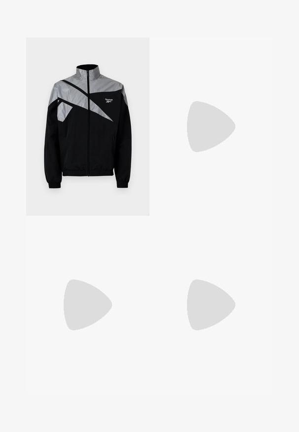 Black and grey windbreaker jacket with a high collar, front zipper, elastic cuffs, and diagonal panel design. Features Reebok logo.; Black t-shirt made of cotton with short sleeves. Features a green "ROOTS" logo on the front, round neckline, and standard fit.; Black cargo pants made of sturdy fabric, featuring multiple pockets, a button closure, and a slim fit design with tapered legs.; Leather sneakers with a black and cream color scheme, featuring perforated accents, a padded collar, and a textured outsole.