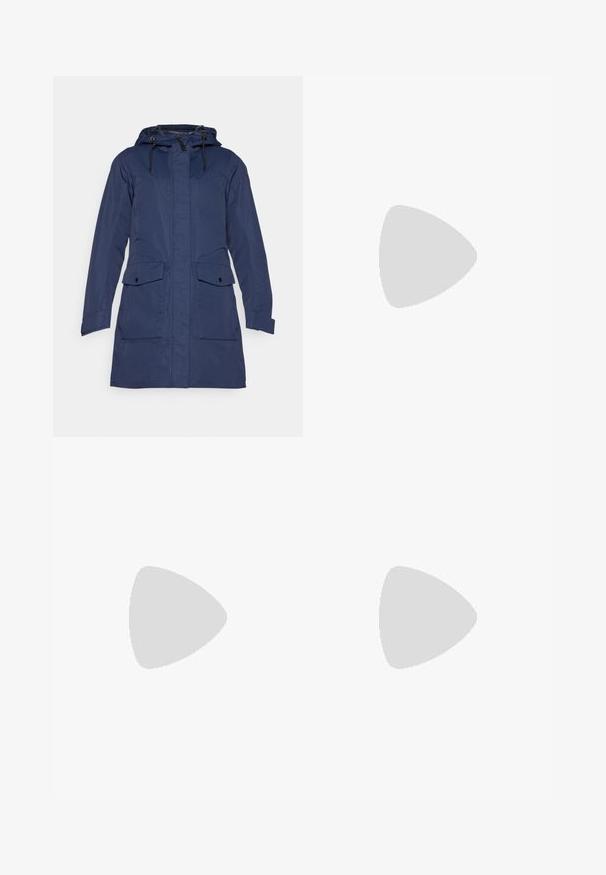 Navy blue waterproof parka with a hood, featuring a front zipper, two chest pockets, and two lower flap pockets. Smooth texture, mid-length design.; Short-sleeve gray t-shirt made of smooth fabric. Features a round neckline and a small logo printed on the chest.; Men's outdoor pants, dark gray, made from flexible material, featuring a belt, zippered pockets, and reinforced stitching.; Columbia PEAKFREAK™ II OUTDRY™ - Hiking shoes - blue heron/skylight