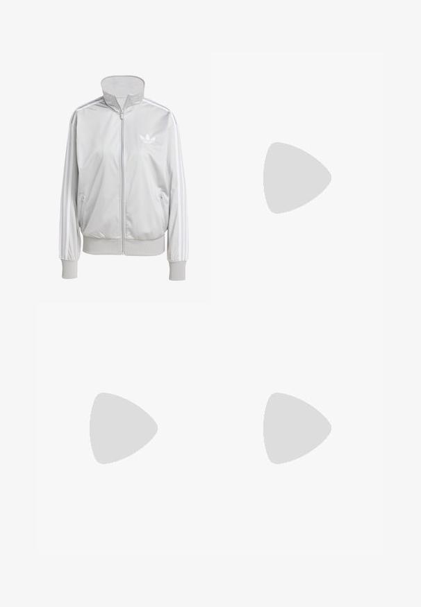 Light gray zip-up jacket with high collar, two side pockets, and white three-stripe accents on sleeves. Features embroidered logo on chest.; Black cotton t-shirt with short sleeves, round neckline, features a white Adidas logo on the chest. Simple design, relaxed fit.; Black wide-leg sweatpants with an elastic waistband, featuring white side stripes and an embroidered logo on the left thigh.; Black sneaker with orange accents, three horizontal stripes, textured leather upper, rubber toe cap, and black laces.