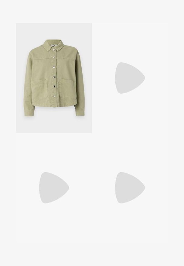 Light green, cotton jacket with a collar, button front, two chest pockets, and long sleeves. Smooth texture with a relaxed fit design.; Striped knit sweater featuring gray and beige colors, high neck, wide cuffed sleeves, and a relaxed fit with a cropped design.; Wide-leg denim culottes in medium blue wash with a faded texture, featuring two back pockets and a brown leather brand tag on the waistband.; White leather sneaker with beige suede accents, perforated toe box, flat laces, and a textured cream sole. Features subtle branding on heel.