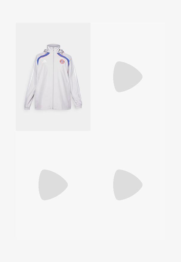 Giacca grigia chiara realizzata in tessuto liscio, con accenti blu e rossi, chiusura lampo anteriore, cappuccio e logo sul petto. Polsini elasticizzati e tasche laterali.; T-shirt nera in cotone a maniche corte, con strisce bianche sulle spalle e un logo bianco sul petto sinistro.; Pantaloni sportivi neri realizzati in un tessuto leggero e liscio con una vita elastica. Presentano un piccolo logo sul lato sinistro e gambe affusolate.; Scarpa da corsa leggera in mesh grigio con dettagli blu e verde lime. Caratterizzata da una suola curva, un motivo testurizzato e sei occhielli per i lacci.