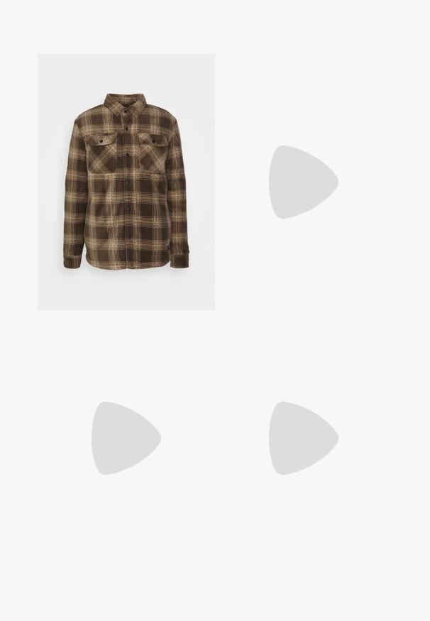Camisa de franela de cuadros marrón y beige con cuello, dos bolsillos en el pecho y botones a presión negros. Textura suave con mangas largas y dobladillo recto.; Camisetas sin mangas negras en un pack de tres. Textura acanalada, escote redondo estándar. El dobladillo presenta un pequeño logo de la marca en la parte inferior.; Jeans de denim azul claro con un diseño de pierna recta, cintura alta y detalles de costura mínimos. La tela tiene una textura suave y ligeramente desvanecida.; Zapatillas blancas hechas de material sintético liso, con acentos de diseño perforado, lengüeta negra en el talón y suela de goma blanca plana.; Bolso de cintura de nylon negro con múltiples bolsillos con cremallera, correa ajustable y una etiqueta de tela roja con texto. Diseño compacto y funcional.