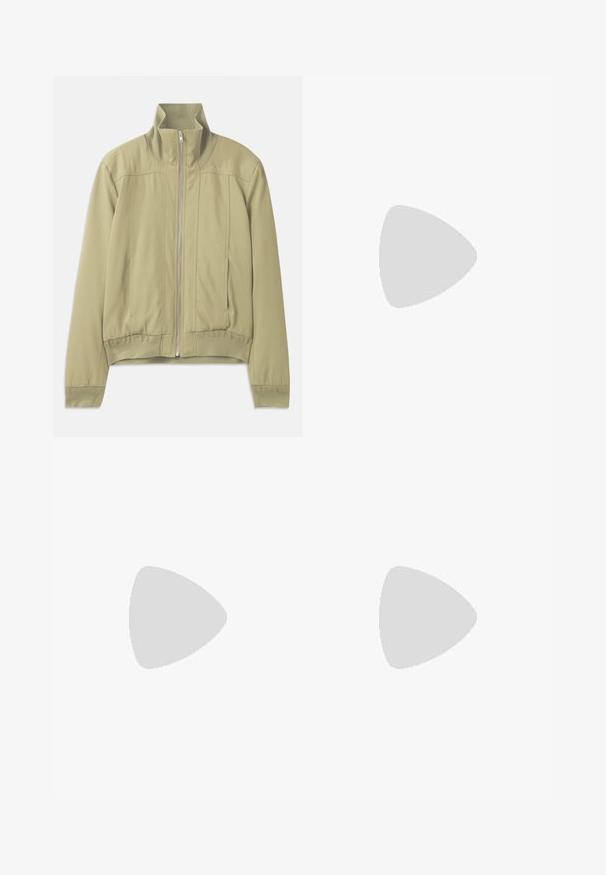 Light green jacket with a high collar, zip closure, elastic cuffs, and a fitted waistband. Smooth fabric with subtle stitching details.; Black short-sleeve oversized T-shirt with round neckline and visible Filippa K brand label inside the collar.; Black tailored trousers with a straight-leg design, made of smooth fabric, featuring a front button closure and two side pockets.; Black suede sneaker with a white rubber sole, featuring tonal stitching and lace-up design. Smooth texture with a modern, streamlined shape.