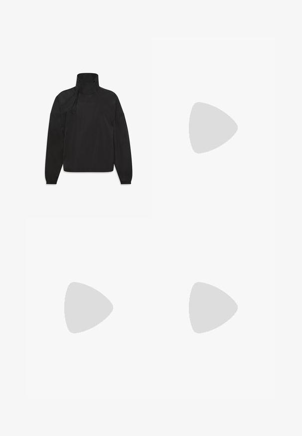 Black lightweight jacket with a high collar, zip closure, elastic cuffs, and logo on the front, made from smooth, water-resistant material.; Black cotton t-shirt with a crew neckline, short sleeves, and an embroidered logo on the chest. Simple, relaxed fit with no patterns.; Black wide-leg trousers with a high waist and a belt. Features a smooth texture and clean lines, designed for a relaxed fit.; Beige block-heeled sandals with thin straps and a square toe. Smooth material with minimal detailing, designed for easy wear.
