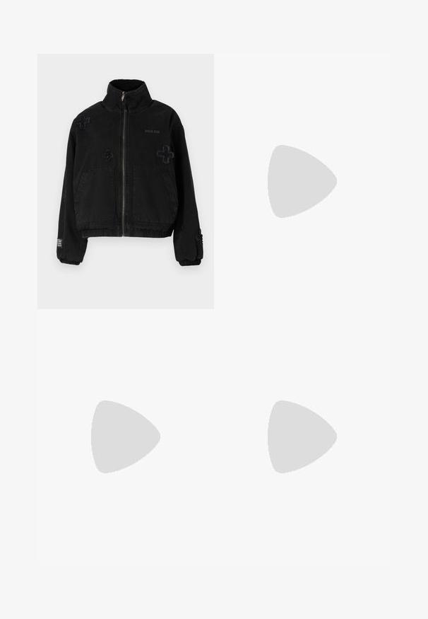 Black jacket made of cotton with a zip front, featuring two front pockets, embossed logo, and textured cross designs on the fabric.; White short-sleeve knit top with a round neckline, featuring a smooth texture and subtle ribbed accents at sleeves and hem.; Light blue denim wide-leg jeans with a mid-rise waist, five pockets, and a button-fly closure featuring metal hardware and a faded finish.; Knee-high black leather boots with a pointed toe and a slim stiletto heel. Smooth texture with a fitted design and stitching at the top edge.