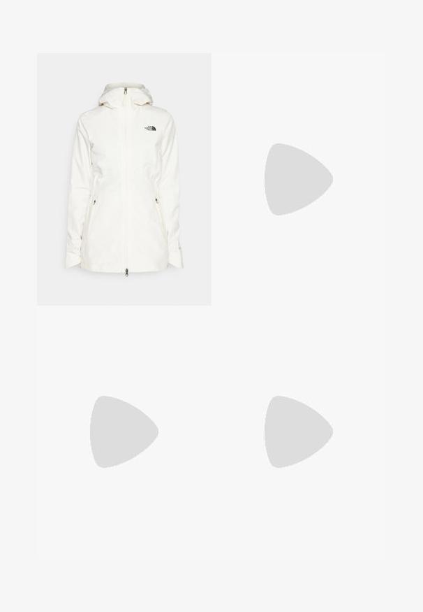 Hvid hættejakke lavet af letvægtsmateriale med en frontlynlås og to sidelommer med lynlås. Sort logo på venstre bryst.; Hvid langærmet skjorte lavet af tekstureret stof med en beige lomme i patch-format, der har en snor og logo.; The North Face EXPLORATION CARGO PANTS - Outdoorbukser - khaki stone; Sorte vandresko med en tekstureret stofoverdel, snøresystem og robust gummisål. Accenteret med reflekterende detaljer og logoer.