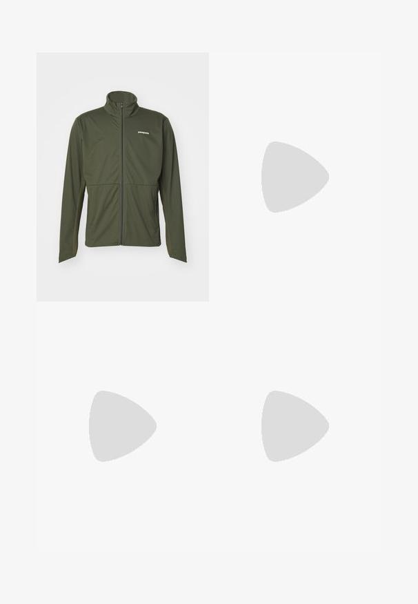 Patagonia WIND SHIELD JACKET - Giacca softshell - pine needle green; T-shirt nera a maniche corte in cotone, con scollatura rotonda e un piccolo logo bianco nell'area superiore sinistra del petto.; Pantaloni sportivi neri realizzati in tessuto leggero, con vita regolabile con cordino, tasche laterali e orli affusolati alle caviglie.; Scarpa da trail running nera con tomaia texture, suola in gomma e punta rinforzata. Presenta un collare imbottito e un tassello per un indossamento facile.