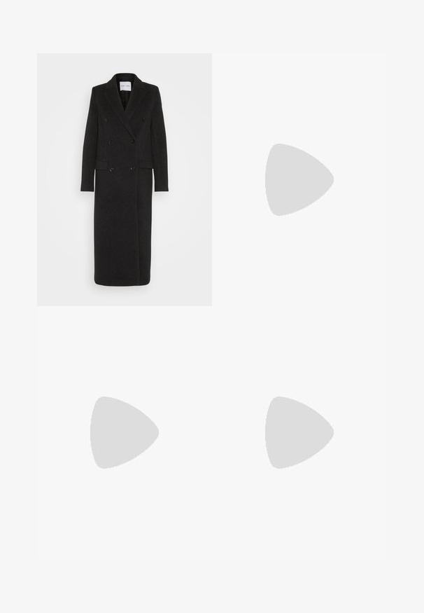 Samsøe Samsøe Classic coat - phantom; White cotton t-shirt with short sleeves, round neckline, and a relaxed fit. Smooth texture, no patterns or accents, minimalistic design.; Light blue denim jeans with a high waist, wide-leg cut, two side pockets, and pleated design feature. Soft texture with a faded finish.; Black leather loafers with a rounded toe, thick textured sole, and minimal stitching details. Sleek design with no visible laces or hardware.