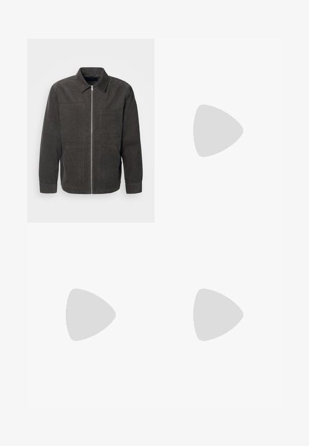 Lindbergh ZIP THROUGH OVERSHIRT - Suvejakk - dark green; Valge nööpidega särk vertikaalsete navüstribadega, pika varrukaga, rinna tasku ja klassikalise kraega. Sile kangas ja lõdvema lõikega.; Mustad denimist laiad alt flared teksad, millel on kulunud pesu, viis taskut ja kontrastõmblused, ning veidi laiem jalasuu.; Heled hallikas spordijalats, millel on võrgust ja seemisnahast верх. Omab pehmet talla, väljendunud kihtide ja struktuurset disaini.