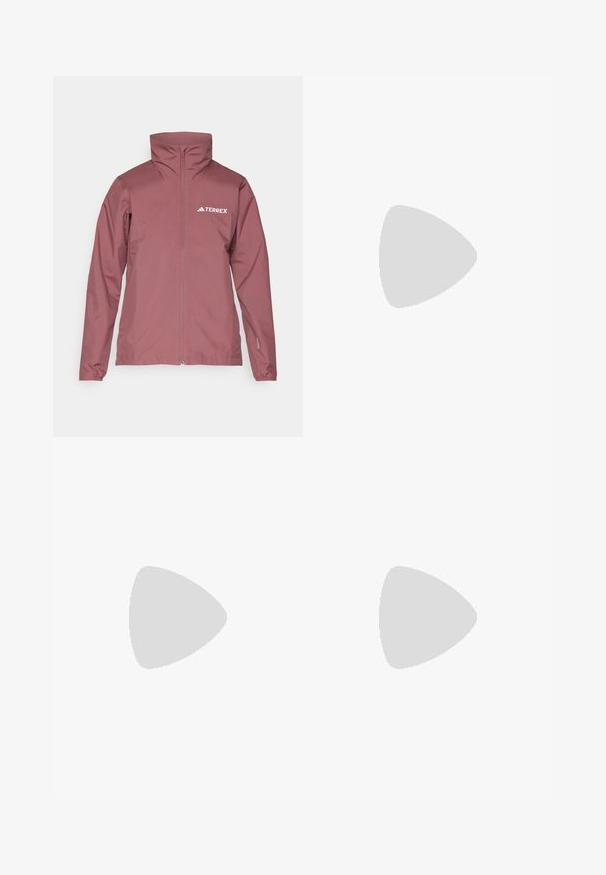Adidas Terrex Vodootporna jakna - quiet crimson; Crna majica kratkih rukava izrađena od lagane tkanine. Ima okrugli izrez i mali bijeli "TERREX" logo na prsima.; Bijele snježne hlače modernog dizajna, s dva prednja džepa, ojačanim crnim donjim panelima te kopčanjem na gumbu u struku.; Bijele tenisice za trčanje s narančastim detaljima. Mrežasti materijal, zaobljeni vrh i debeli međupodstava. "TERREX" otisnut na bočnoj strani i tri pruge na peti.