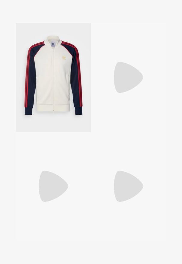 Adidas tepláková bunda v krémovej farbe s námorníckymi rukávmi a červenými pruhmi, so zipsovým predným zapínaním, rebrovanými manžetami a malým zlatým logom na hrudi.; Biela bavlnená tričko s krátkymi rukávmi, okrúhlym výstrihom a hladkou textúrou. Jednoduchý dizajn bez vzorov alebo grafiky.; Čierne nohavice vyrobené z hladkej tkaniny, s rovnými nohavicami, pútka na opasok a dvoma bočnými vreckami. Klasický vzhľad bez ozdôb.; Hnedé kožené mokasíny s cínkovými akcentmi, textúrovaný povrch a kontrastný žltý steh pozdĺž čiernej gumenej podrážky. Bočný pohľad.