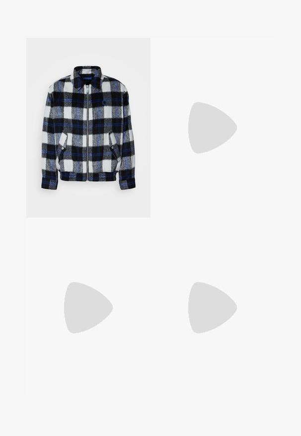 Fleece jacket in a black, white, and gray plaid pattern with blue accents. Features a front zipper and side pockets, with a collar.; Black short-sleeve T-shirt made from a smooth cotton blend, featuring a crew neckline and a minimalistic design with no patterns or accents.; Black wide-leg trousers with a flat front, two side pockets, pleated design, and a contrasting red interior waistband.; Black leather slip-on loafers with a textured finish and a contrasting beige rubber sole. Features a subtle accent along the front.